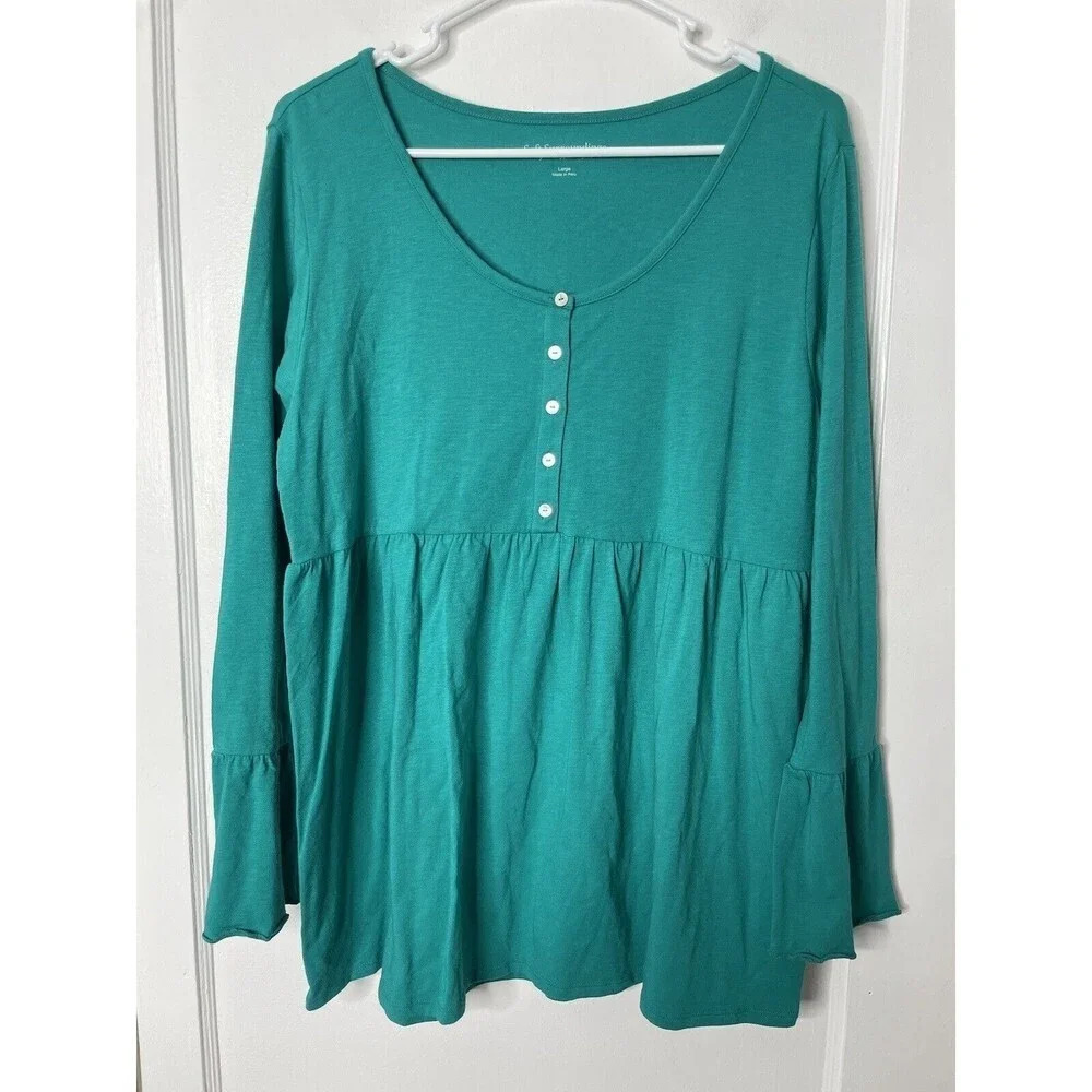 Soft Surroundings Pullover Peplum Shirt L Soft Stretch Bell Sleeve Boho Casual